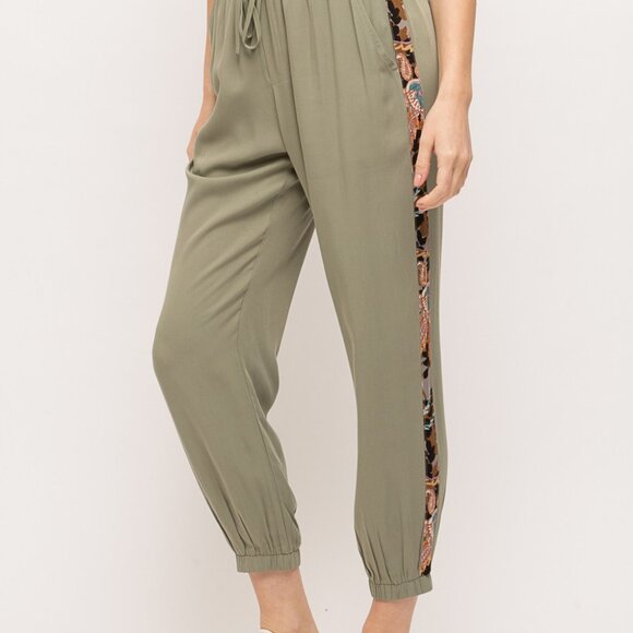 MYSTREE Olive Green Boho Jogger Pants with Side Detail, Drawstring Waist - Picture 5 of 8